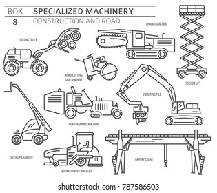 Special industrial construction and road machine linear vector icon set isolated on white. Illustration