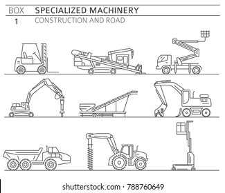 Special industrial construction and road machine linear vector icon set isolated on white. Illustration