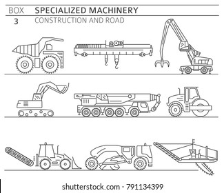 Special industrial construction and road machine linear vector icon set isolated on white. Illustration