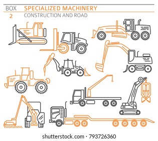 Special industrial construction and road machine linear vector icon set isolated on white. Illustration