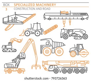 Special industrial construction and road machine linear vector icon set isolated on white. Illustration