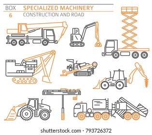 Special industrial construction and road machine linear vector icon set isolated on white. Illustration