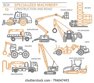 Special industrial construction and road machine linear vector icon set isolated on white. Illustration