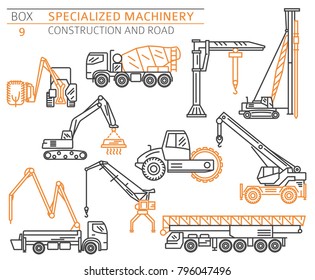 Special industrial construction and road machine linear vector icon set isolated on white. Illustration