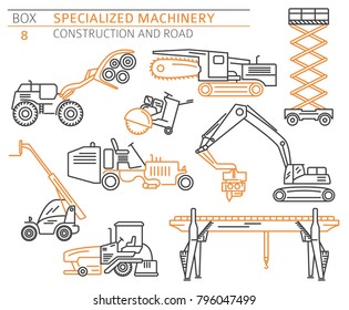 Special industrial construction and road machine linear vector icon set isolated on white. Illustration