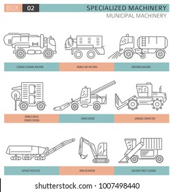 Special industrial road and municipal machine linear vector icon set isolated on white. Illustration