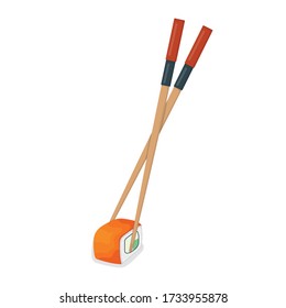 Special japanese wooden chopsticks, sushi tuna fish roll and salmon minnow concept isolated on white, cartoon vector illustration. Design asian special stuff for food.
