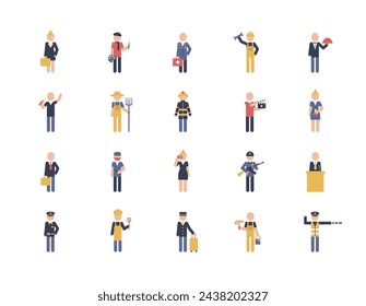 Special jobs occupations careers color pictogram set. Artist, doctor, waiter, gardener, military man, cook, doorman, traffic controller, politician. A set of various female and male professions.