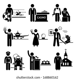 Special Jobs Occupations Careers - Swimming Lifeguard, Casino Dealer, Tattoo Artist, Air Steward, Fortune Teller, Debt Collector, Politician, Prison Warden, Priest - Stick Figure Pictogram