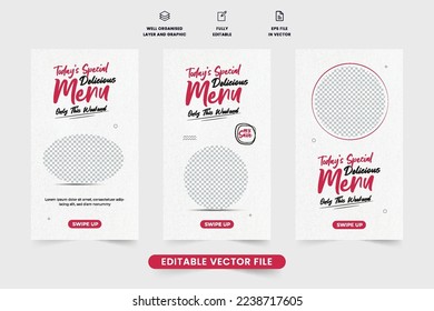 Special latin american food menu template collection on white backgrounds. Culinary business promotional web banner design with red text effect. Food menu social media story set vector for marketing.