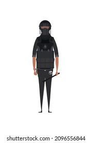 Unidad Especial de Aplicación de la Ley, hombre del Equipo Táctico Especializado, vestido con uniforme de combate del ejército y portando armas de fuego automáticas. Estilo de caricatura. Ilustración del vector