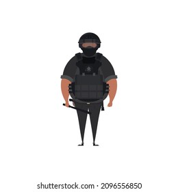 Unidad Especial de Aplicación de la Ley, hombre del Equipo Táctico Especializado, vestido con uniforme de combate del ejército y portando armas de fuego automáticas. Estilo de caricatura. Ilustración del vector