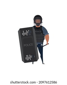 Special Law Enforcement Unit, man of Specialized Tactical Team, dressed in Army Combat Uniform and holding automatic firearm. Cartoon style.