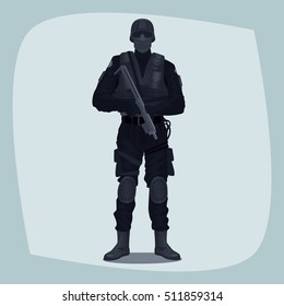 Special Law Enforcement Unit, man of Specialized Tactical Team, dressed in Army Combat Uniform and holding automatic firearm. Full face and full body. Cartoon style. Vector illustration