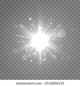 Exacerbação especial da lente, efeito de luz. A luz branca brilhante explode no fundo transparente. Estrela brilhante. Sol brilhante transparente, flash brilhante. Gráficos vetoriais.