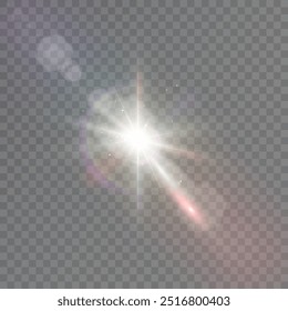 Exacerbação especial da lente, efeito de luz. A luz branca brilhante explode no fundo transparente. Estrela brilhante. Sol brilhante transparente, flash brilhante. Gráficos vetoriais.	
