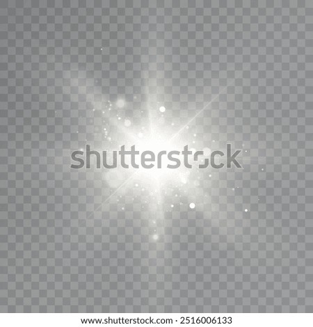 Special lens flare, light effect. White glowing light explode on transparent background. Bright star. Transparent shining sun, bright flash. Vector graphics.