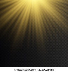 Special lens flash effect. Yellow sun rays. Sunlight. Abstract gold light flash spotlight backdrop with sunlight shine background. Bright beautiful star. Glare. Golden light bokeh. Vector illustration