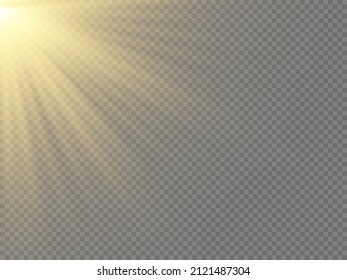 Special lens flash effect. Yellow sun rays. Sunlight. Bright beautiful star. Glare. Abstract gold light flash spotlight backdrop with sunlight shine background. Golden light bokeh. Vector illustration