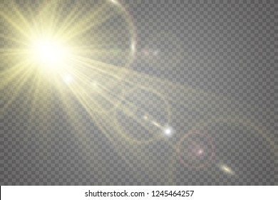 Special lens flash, light effect. The flash flashes rays and searchlight. illust.White glowing light. Beautiful star Light from the rays. The sun is backlit. Bright beautiful star. Sunlight. Glare.