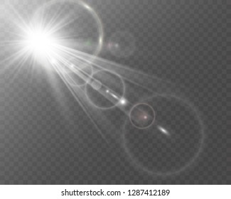 Special lens flash, light effect. The flash flashes rays and searchlight. illust.White glowing light. Beautiful star Light from the rays. The sun is backlit. Bright beautiful star. Sunlight. Glare.