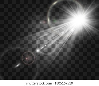 Special lens flash, light effect. The flash flashes rays and searchlight. illust.White glowing light. Beautiful star Light from the rays. The sun is backlit. Bright beautiful star. Sunlight. Glare 