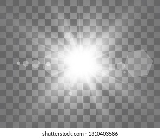 Special lens flash, light effect. The flash flashes rays and searchlight. illust.White glowing light. Beautiful star Light from the rays. The sun is backlit. Bright beautiful star. Sunlight. Glare