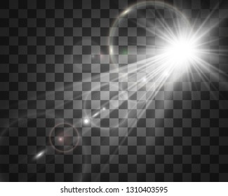 Special lens flash, light effect. The flash flashes rays and searchlight. illust.White glowing light. Beautiful star Light from the rays. The sun is backlit. Bright beautiful star. Sunlight. Glare