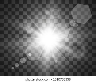 Special lens flash, light effect. The flash flashes rays and searchlight. illust.White glowing light. Beautiful star Light from the rays. The sun is backlit. Bright beautiful star. Sunlight. Glare