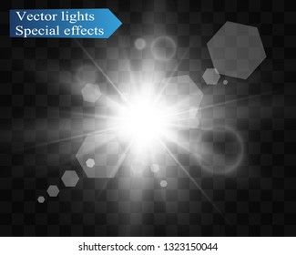 Special lens flash, light effect. The flash flashes rays and searchlight. illust.White glowing light. Beautiful star Light from the rays. The sun is backlit. Bright beautiful star. Sunlight. Glare