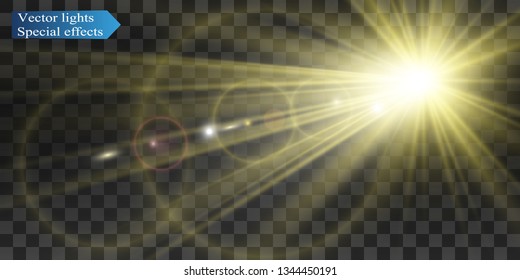 Special lens flash, light effect. The flash flashes rays and searchlight. illust.White glowing light. Beautiful star Light from the rays. The sun is backlit. Bright beautiful star. Sunlight. Glare.
