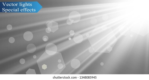 Special lens flash, light effect. The flash flashes rays and searchlight. illust.White glowing light. Beautiful star Light from the rays. The sun is backlit. Bright beautiful star. Sunlight. Glare.