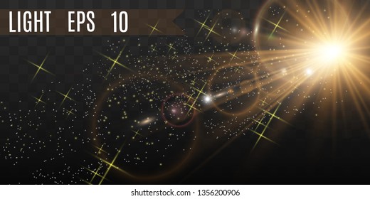Special lens flash, light effect. White glowing light. Beautiful star Light from the rays. The sun is backlit. Bright beautiful star. Sunlight. Glare.