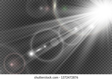 Special lens flash, light effect. The flash flashes rays and searchlight. illust.White glowing light. Beautiful star Light from the rays. The sun is backlit. Bright beautiful star. Sunlight. Glare.