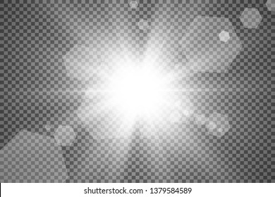 Special lens flash, light effect. The flash flashes rays and searchlight. illust.White glowing light. Beautiful star Light from the rays. The sun is backlit. Bright beautiful star. Sunlight. Glare.