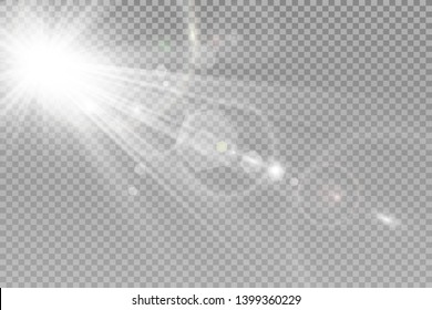 Special lens flash, light effect. The flash flashes rays and searchlight. illust.White glowing light. Beautiful star Light from the rays. The sun is backlit. Bright beautiful star. Sunlight. Glare.