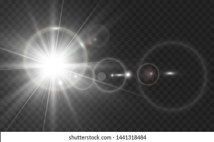Special lens flash, light effect. The flash flashes rays and searchlight. illust.White glowing light. Beautiful star Light from the rays. The sun is backlit. Bright beautiful star. Sunlight. Glare.