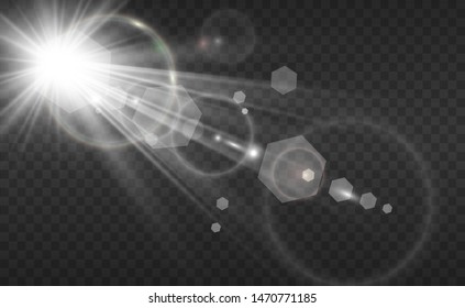 Special lens flash, light effect. The flash flashes rays and searchlight. illust.White glowing light. Beautiful star Light from the rays. The sun is backlit. Bright beautiful star. Sunlight. Glare.