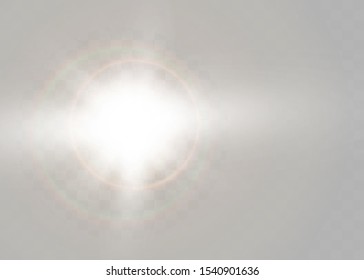 Special lens flash, light effect. The flash flashes rays and searchlight. illust.White glowing light. Beautiful star Light from the rays. The sun is backlit. Bright beautiful star. Sunlight. Glare.
