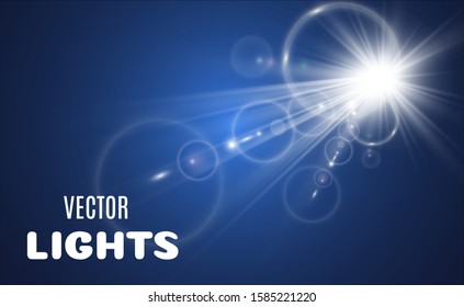 
Special lens flash, light effect. The flash blinks with beams and a searchlight. silt White glowing light. Beautiful star Light from the rays. Backlit sun. Bright beautiful star. Sunlight. Flare.