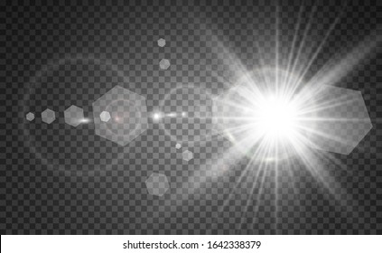 Special lens flash, light effect. The flash flashes rays and searchlight. illust.White glowing light. Beautiful star Light from the rays. The sun is backlit. Bright beautiful star. Sunlight. Glare.