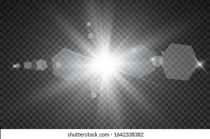 Special lens flash, light effect. The flash flashes rays and searchlight. illust.White glowing light. Beautiful star Light from the rays. The sun is backlit. Bright beautiful star. Sunlight. Glare.