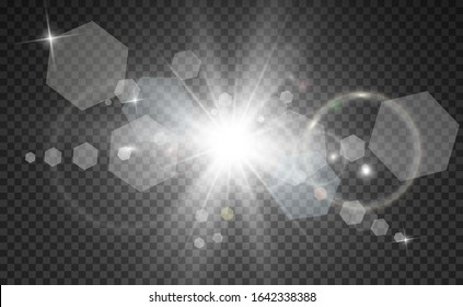 Special lens flash, light effect. The flash flashes rays and searchlight. illust.White glowing light. Beautiful star Light from the rays. The sun is backlit. Bright beautiful star. Sunlight. Glare.