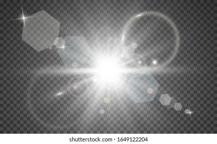 Special lens flash, light effect. The flash flashes rays and searchlight. illust.White glowing light. Beautiful star Light from the rays. The sun is backlit. Bright beautiful star. Sunlight. Glare.