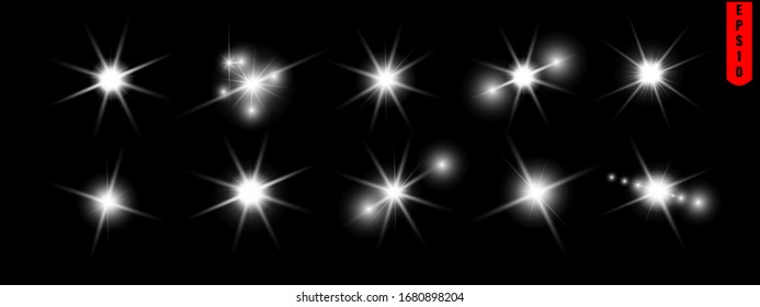 Special lens flash, light effect. The flash flashes rays and searchlight. illust.White glowing light. Beautiful star Light from the rays. The sun is backlit. Bright beautiful star. Sunlight. Glare.
