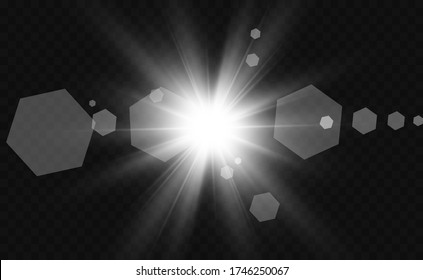 Spezieller Blitz, Lichteffekt. Der Blitz blinkt Strahlen und Durchsuchungslicht. Schöner Stern Licht von den Strahlen. Die Sonne leuchtet. Heller schöner Stern. 
