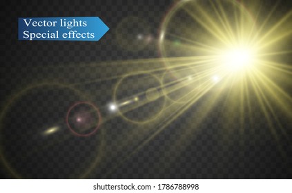 Special lens flash, light effect. The flash flashes rays and searchlight. illust.White glowing light. Beautiful star Light from the rays. The sun is backlit. Bright beautiful star. Sunlight. Glare.