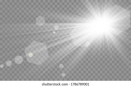 Special lens flash, light effect. The flash flashes rays and searchlight. illust.White glowing light. Beautiful star Light from the rays. The sun is backlit. Bright beautiful star. Sunlight. Glare.