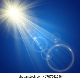 Special lens flash, light effect. The flash flashes rays and searchlight. illust. White glowing light. Beautiful star with rays of light from the sun . Bright beautiful star. Sunlight. Glare.