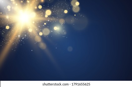 Special lens flash, light effect. The flash flashes rays and searchlight. illust.White glowing light. Beautiful star Light from the rays. The sun is backlit. Bright beautiful star. Sunlight. Glare.